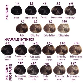 Carta visual de tonos de cabello con muestras organizadas en filas desde negro hasta rubio platino, incluyendo variaciones naturales, intensas y frías mates para guiar a profesionales en la selección del color.