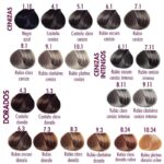 Tabla visual de muestras de color de cabello con mechones agrupados en secciones "Cenizas", "Cenizas intensos" y "Dorados", mostrando tonos desde negro azulado y variados castaños hasta rubios platino y cobre para selección profesional con acabado impecable.