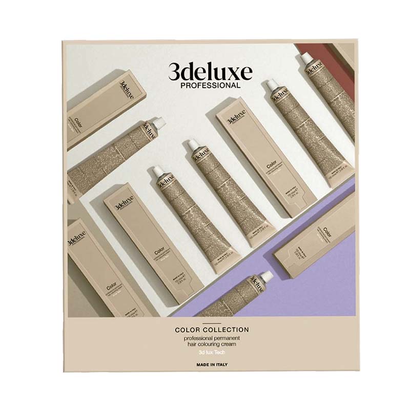 Carta de color 3deluxe 1 Disposición diagonal de tubos y cajas de crema colorante para cabello sobre fondos beige y lila, presentación de marca profesional y aspecto de alta calidad.