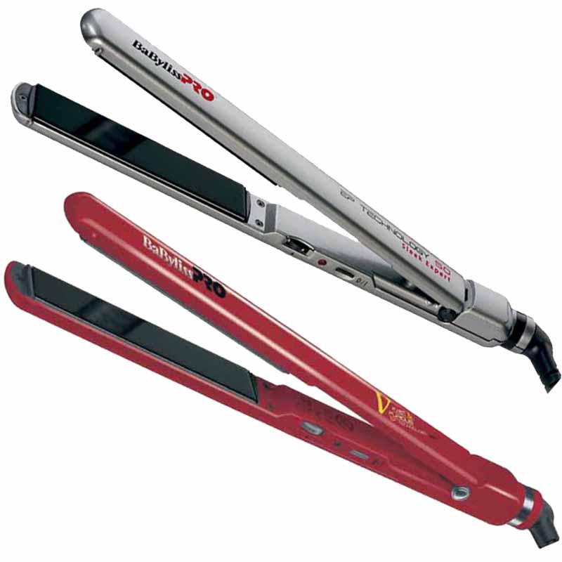 Plancha para el cabello Sleek Expert de BabylissPro 1 Dos planchas de pelo profesionales de diseño delgado — una plateada y otra roja — con placas lisas negras, controles en el cuerpo y cable giratorio, presentadas como herramientas para alisar cabello de alta calidad.