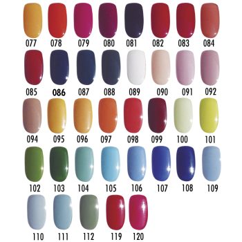 Paleta de muestras de esmalte de uñas organizada en filas que muestra una amplia gama de tonos —amarillos, naranjas, rojos, rosas, morados, verdes, azules y neutros— pensada para profesionales.
