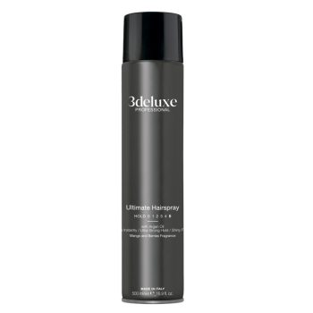 Laca para el cabello en envase cilíndrico gris oscuro con tapa negra, etiquetada 3deluxe profesional, de diseño minimalista y producto de fijación ultra fuerte.