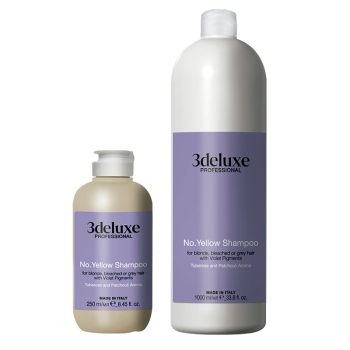 Dos envases de champú matizante con etiquetas lila, una botella alta y otra más corta sobre fondo blanco que muestran la palabra profesional y describen su uso para cabello rubio, decolorado o gris con aroma a tuberosa y pachulí, transmitiendo un diseño limpio y único.