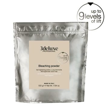Bolsa metálica plateada resellable con etiqueta beige que indica "bleaching powder" para decoloración capilar profesional, con diseño limpio y aspecto de alta calidad.