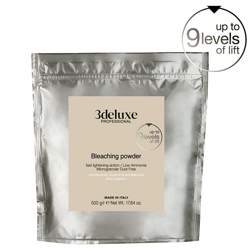 Decolorante en polvo compacto 9 tonos 3DeLuXe, 500 grs. 1 Bolsa metálica plateada resellable con etiqueta beige que indica "bleaching powder" para decoloración capilar profesional, con diseño limpio y aspecto de alta calidad.