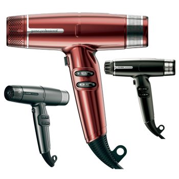 Secadores de pelo de diseño profesional en tonos rojo y negro, de distintos tamaños con acabado brillante, empuñadura ergonómica, botones y rejillas visibles que transmiten una apariencia de 'alta calidad'.