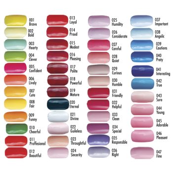 Paleta de esmaltes de uñas de alta calidad con numerosas muestras ovaladas brillantes y pasteles organizadas en columnas, cada muestra acompañada de un nombre en inglés que describe tonos que van de amarillos y verdes a rosas, rojos y azules.