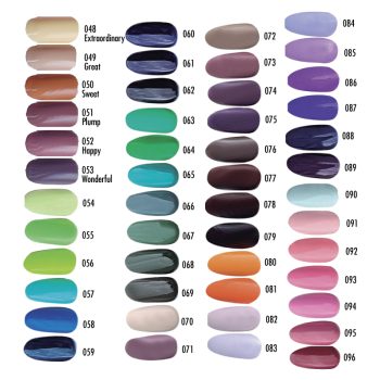 Paleta de muestras de esmaltes dispuestas en columnas que exhibe una amplia variedad de tonos y acabados —desde neutrales y rosas hasta verdes, azules y morados— pensada para uso profesional y disponible en numerosos matices.