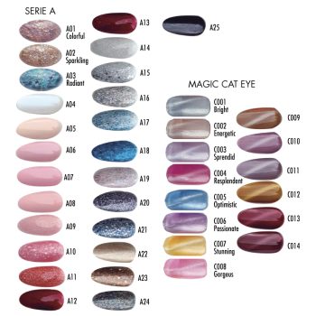 Carta de colores de esmaltes de uñas con dos secciones tituladas "Serie A" y "Magic Cat Eye", mostrando numerosas muestras ovaladas en tonos sólidos, perlados, glitters y efectos metálicos que abarcan nude, rosas, rojos, azules y dorados como referencia visual de alta calidad.