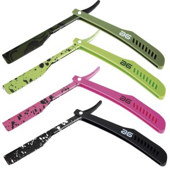 Cinco navajas plegables de barbero dispuestas en diagonal sobre fondo blanco, en colores negro, rosa y tonos verdes con acabados lisos y salpicados, diseño ergonómico y bisagra metálica visible que sugieren alta calidad.