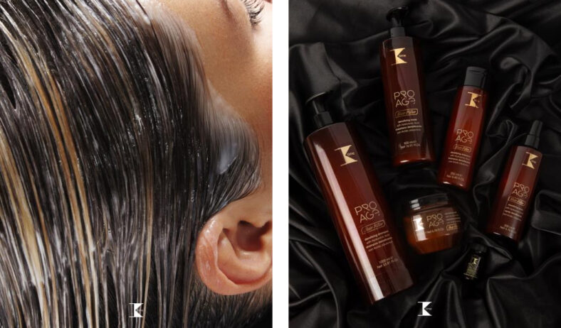 Primer plano de cabello húmedo con producto aplicado junto a un set de envases y tarros marrones sobre tela negra, sugiriendo un tratamiento capilar profesional.