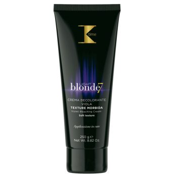 Tubo negro brillante de crema decolorante violeta para cabello con degradado púrpura, texto dorado y tipografía elegante, tapa negra y apariencia profesional que sugiere una marca de salón.