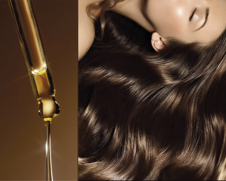 Gotero con aceite dorado a la izquierda y mujer recostada con largo cabello castaño brillante a la derecha, evocando un tratamiento capilar certificado y mejor precio.