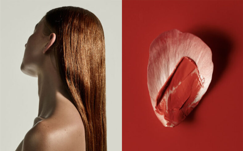 Díptico minimalista con fondo dividido: a la izquierda el perfil posterior de una persona de piel clara y cabello largo, liso y cobrizo iluminado suavemente, y a la derecha un pétalo pálido sobre fondo rojo con una pincelada de pintura roja brillante, fotografía de alta calidad.