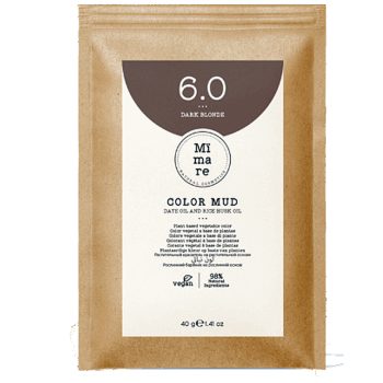 Bolsa kraft con etiqueta blanca de un tinte en polvo Color Mud tono 6.0 Dark Blonde de la marca Mimare, presentación 40 g con iconos de vegano y 98% ingredientes naturales, diseño minimalista y aspecto de alta calidad.