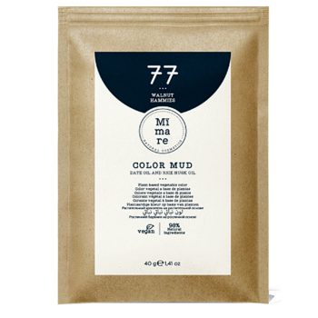 Bolsa de papel kraft con etiqueta blanca y semicírculo azul oscuro que muestra un logotipo circular y texto que identifica un producto cosmético en polvo para coloración y aceites naturales, con diseño minimalista y aspecto 'profesional'.