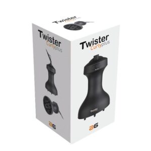 Caja blanca del producto Twister Curlyplus que muestra varias vistas de un dispositivo negro ergonómico para peinar con accesorio difusor y cable, con detalle del interruptor y base, imagen nítida que comunica alta calidad y diseño compacto.