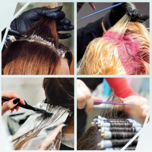 Collage de cuatro imágenes que muestran a profesionales aplicando color, decoloración, mechas con papel de aluminio y rulos para permanente en diferentes cabelleras, con manos enguantadas, pinceles y peines.