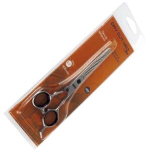 Tijeras entresacadoras de acero inoxidable con hoja dentada y mangos con anillas negras, presentadas en un blíster sobre fondo naranja, diseño 'profesional'.