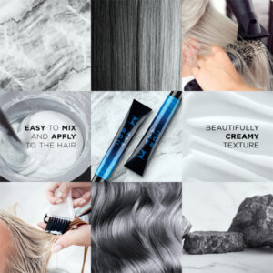 Collage publicitario que muestra tubos de tinte azul, crema para mezclar y aplicar, manos aplicando color con pincel y secador, y texturas de cabello gris plateado sobre fondos de mármol, diseñado para uso por profesionales.