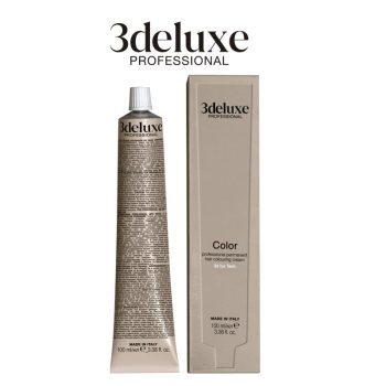 Tubo metálico y estuche beige de crema colorante profesional para cabello, con logotipo deluxe professional y presentación elegante de alta calidad como producto para uso en salones.