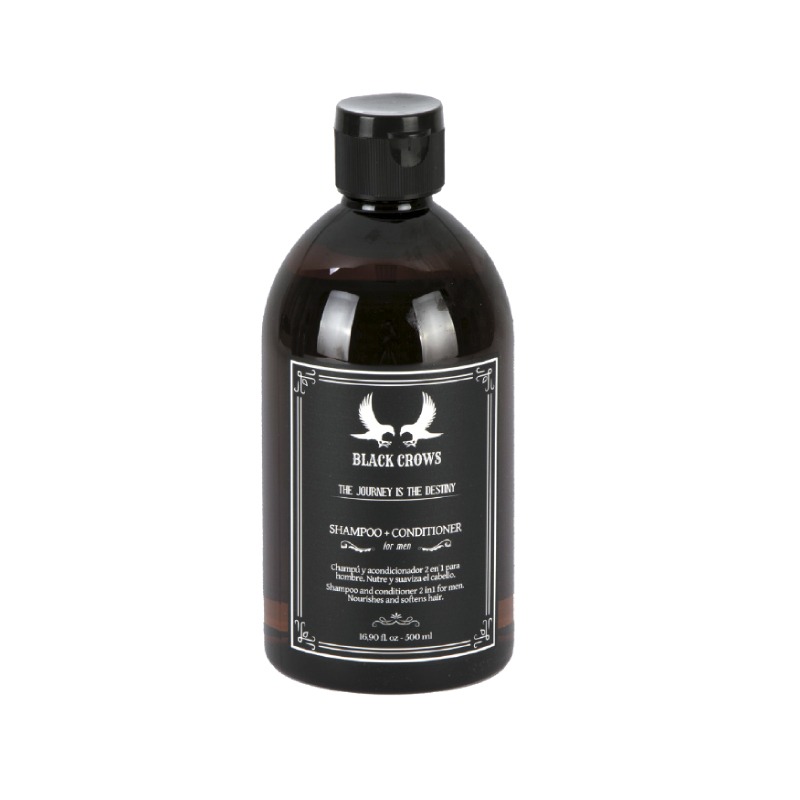 Champú con acondicionador BLACK CROWS, 500 ml 1 Botella oscura de 500 ml de champú y acondicionador 2 en 1 para hombre con etiqueta negra y logotipo de cuervos, producto de cuidado personal pensado para profesionales.