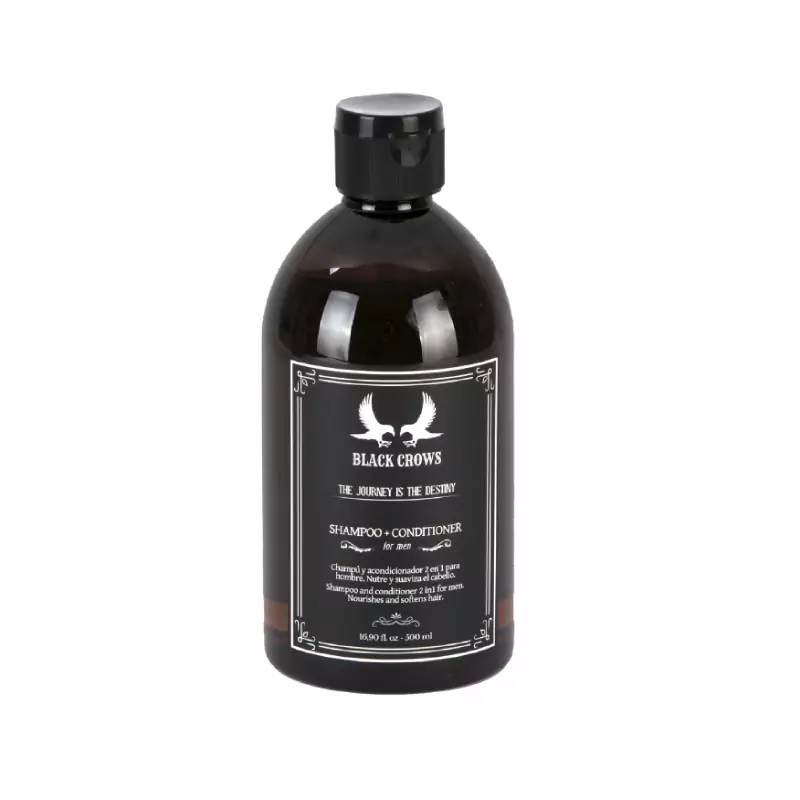 Exclusivo champú + acondicionador Black Crows — 500 ml de diseño premium Botella oscura de 500 ml de champú y acondicionador 2 en 1 para hombre con etiqueta negra y logotipo de cuervos, producto de cuidado personal pensado para profesionales.