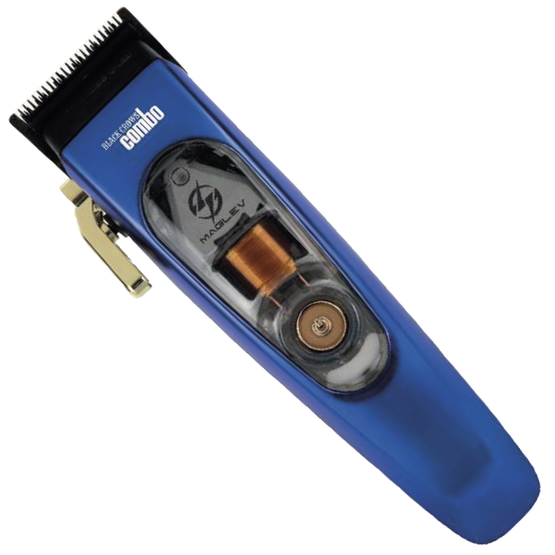 Máquina de Corte Profesional BLACK CROWS COMBO 1 Máquina de cortar cabello con carcasa azul, cuchilla metálica y palanca dorada, ventana transparente que muestra el motor y acabado profesional, adecuada para profesionales.