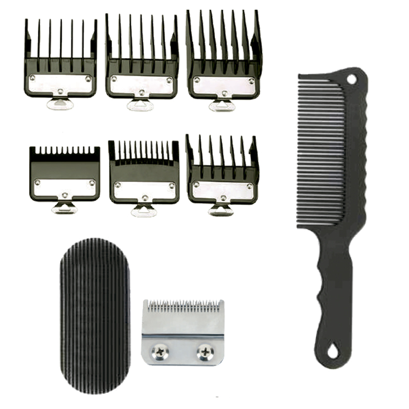 Máquina de Corte Profesional BLACK CROWS COMBO 3 Juego de accesorios para cortapelos con varios peines guía de diferentes longitudes, hoja metálica de recambio, almohadilla de limpieza y un peine negro ergonómico, diseñado para uso profesional y como producto de peluquería.