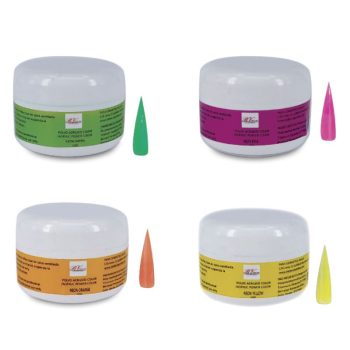 Cuatro frascos blancos de polvo acrílico para uñas con etiquetas de colores verde, rosa, naranja y amarillo y una punta de muestra a juego junto a cada frasco, dispuestos en cuadrícula sobre fondo blanco, imagen clara y adecuada para presentación profesional.