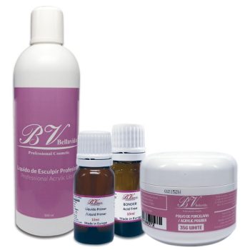 Kit de productos para uñas con una botella alta, dos frascos pequeños con tapones blancos y un tarro, todos con etiquetas rosa y blancas que indican uso profesional y presentan colores vibrantes sobre fondo blanco.
