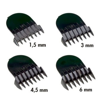 Cuatro peines guía negros para cortapelos de distintos largos dispuestos en cuadrícula sobre fondo blanco, de plástico brillante y diseño seguro, alta calidad y acabado certificado.