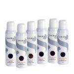 Seis botes blancos de spray retocador de raíces de la marca SHIRU en distintos tonos sobre fondo blanco, destinados a uso en peluquería.