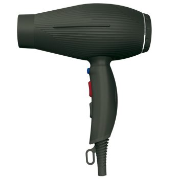 Secador de cabello color gris oscuro con cuerpo estriado y acabado mate, mango ergonómico con botones rojo y azul, anilla para colgar y cable reforzado, diseñado para uso 'profesional'.