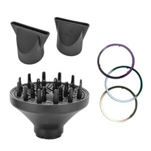 Conjunto de accesorios negros para secador: dos boquillas concentradoras, un difusor de dedos y tres aros metálicos iridiscentes, ideales para estilismo en peluquería.