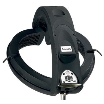 Capucha secadora de cabello negra montada en soporte con panel de control frontal y rejillas de ventilación, diseñada para peluquería con un aspecto innovador.