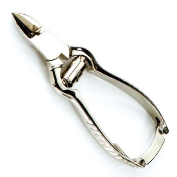 Alicate de cutículas de acero inoxidable pulido con muelle y cierre de seguridad, herramienta compacta y ergonómica de alta calidad.