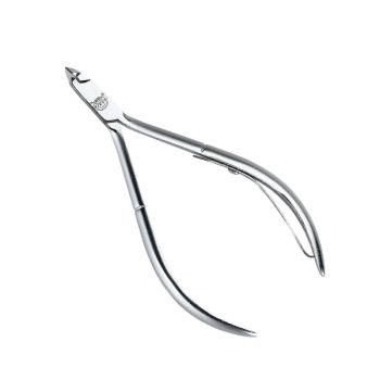 Alicates corta cutículas de acero inoxidable con punta de corte afilada, resorte de retorno y mango curvado, ideal para uso 'profesional' en manicura.