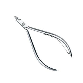 Alicate para cutículas de acero inoxidable con punta afilada y muelle de resorte, herramienta profesional de manicura con diseño ergonómico.