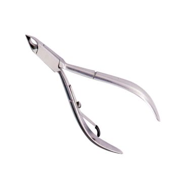 Pinza corta cutículas de acero inoxidable con hojas biseladas y resorte de muelle, herramienta profesional de manicura de diseño ergonómico.