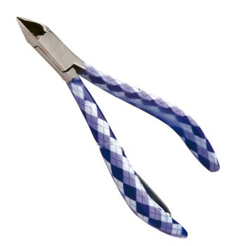 Alicates de corte compactos con cabeza metálica y mangos forrados en un patrón de rombos azul y blanco sobre fondo blanco, apariencia de 'alta calidad'.