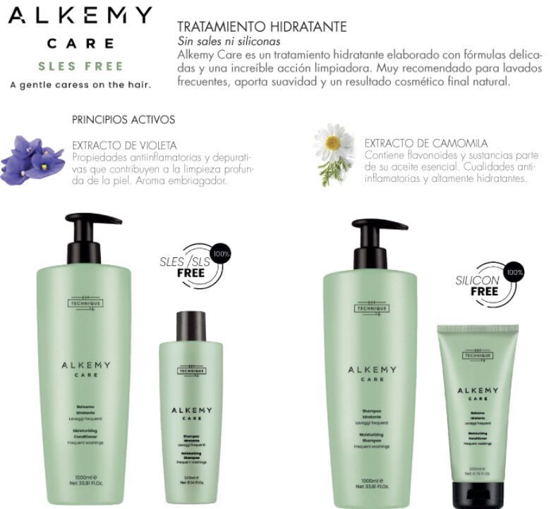 Envases verdes de la línea Alkemy Care dispuestos sobre fondo claro con texto "Tratamiento hidratante" y "Sin sales ni siliconas", ilustraciones de violeta y camomila, iconos que indican "SLES/SLS free" y "Silicon free" y varias presentaciones (bombas, botella y tubo) que comunican alta calidad y mejor cuidado del cabello.
