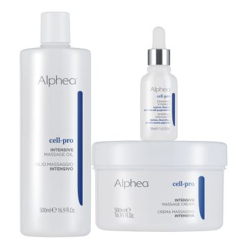 Tres envases blancos de una línea de cuidado corporal y masaje con diseño minimalista y acentos azules, incluyendo un frasco alto, un bote y un cuentagotas, que transmiten alta calidad y sugieren una fórmula mejor para tratamiento intensivo.