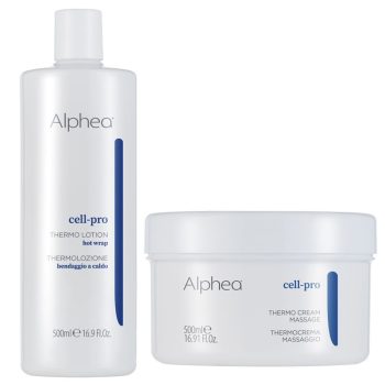 Dos envases blancos de cosmética Alphea cell-pro, una botella alta de loción termo y un tarro de crema de masaje con diseño minimalista y detalle en azul, alta calidad.