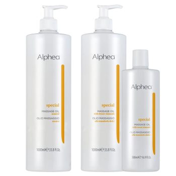 Botellas blancas de aceite de masaje Alphea con diseño minimalista y detalle naranja, dos con dosificador y una más pequeña con tapón, aptas para uso profesional en peluquería.