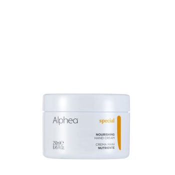 Tarro blanco de crema de manos con tapa, marca Alpheá y la palabra special en naranja, leyendas 'NOURISHING HAND CREAM' y 'CREMA MANI NUTRIENTE' visibles, fotografía de 'alta calidad'.