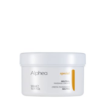 Envase blanco de crema de masaje Alpheа de 500 ml con diseño minimalista y etiqueta "special" en texto inglés e italiano, peluquería.