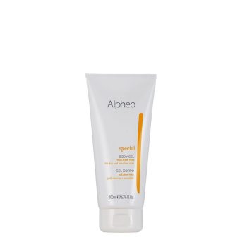 Tubo blanco de gel corporal Alphea con logotipo gris y detalle naranja, etiquetado como special para piel seca y sensible, presentado de forma profesional y con un diseño limpio y funcional.