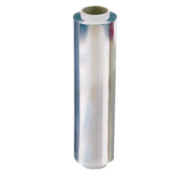 Rollo de papel de aluminio brillante en tubo de cartón, diseñado para uso profesional con potente capacidad reflectante.