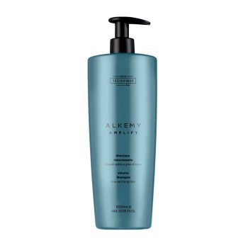 Envase alto y cilíndrico de champú turquesa con dosificador negro y etiqueta que sugiere efecto voluminizador, diseñado para cuidado capilar 'profesional'.